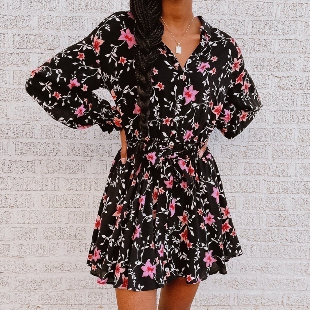Free People Dress Womens XS Black Floral Smocked Tie Waist Long Sleeve